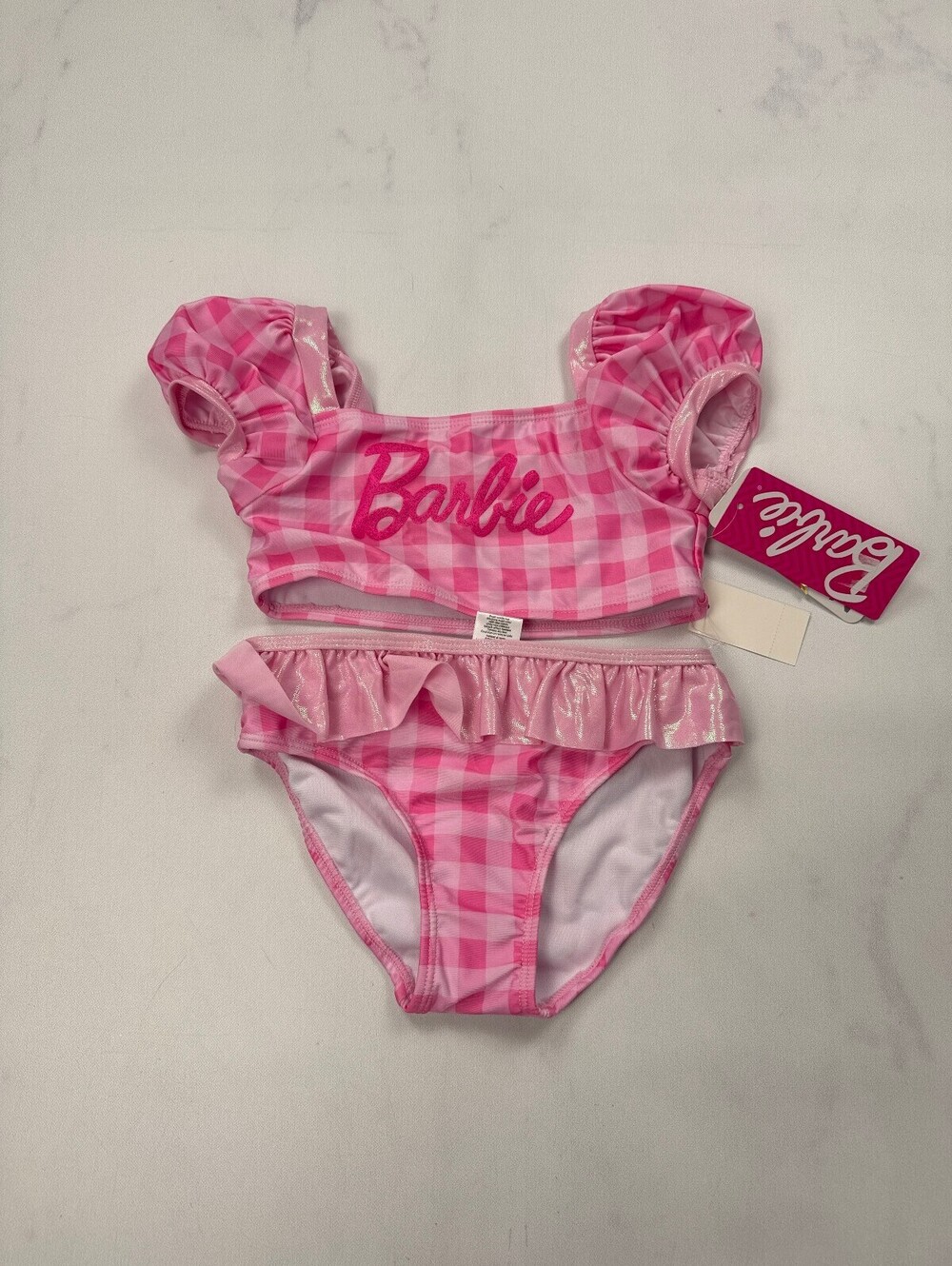 Barbie Printed Swimsuit Pink Modern Barbiecore Ruffle Detail - Girls 5T